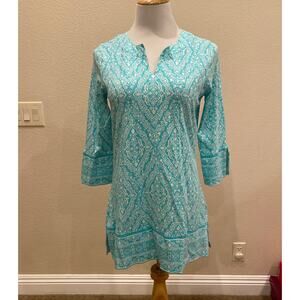 Coolibar St. Lucia Tunic Top Sun Protective Aqua  Print 3/4 Sleeves Size Small
